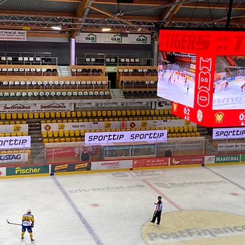 The 6 x 6 metre SCL Tigers video cube in action during ice hockey games